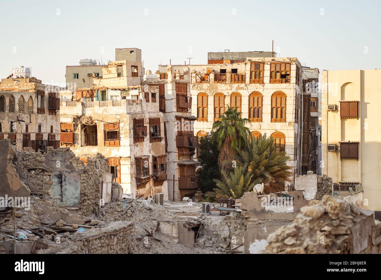 Collapsed and dilapidated historic wooden building in the UNESCO historic center called Al-Balad, Jeddah, Saudi Arabia Stock Photo