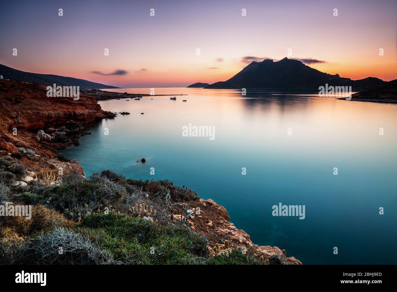 Agia Pavlos at sunset,. Amorgos island, Nasso, Greece, Cyclades islands, Southern Europe Stock Photo