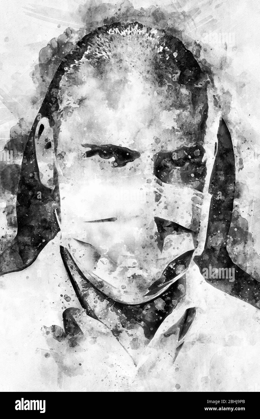 Digital watercolor painting close up portrait of confident male doctor face in protective mask looking at camera. Black and white, bw. Digitall art Stock Photo
