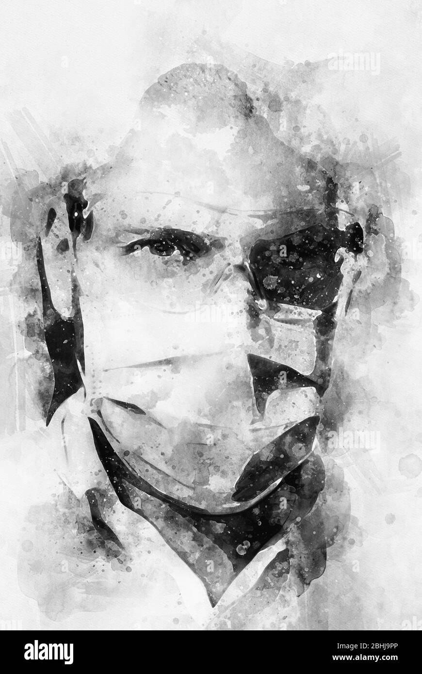 Digital watercolor painting close up portrait confident male doctor face in mask protective glasses, looking at camera. Black and white. Digital art Stock Photo