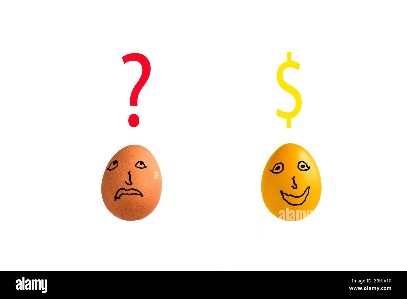 Two chicken eggs, one golden against a white background with question mark and pound/dollar signs. Concept: Revelation, inspiration, epiphany, genius. Stock Photo