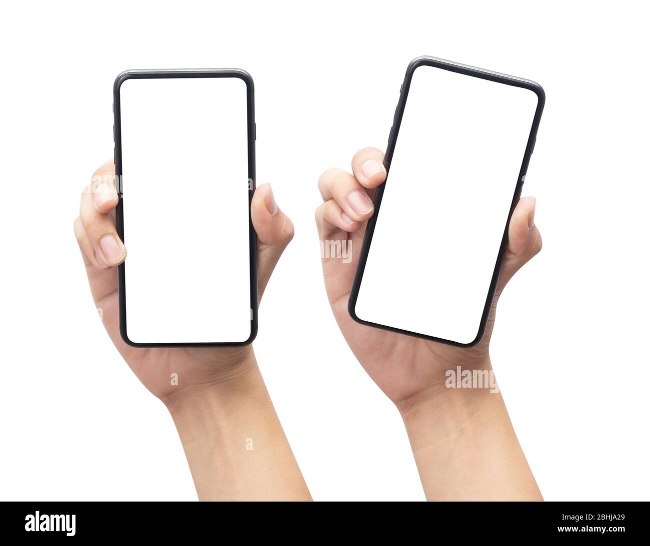 Set of Male hand holding the black smartphone with blank screen ...