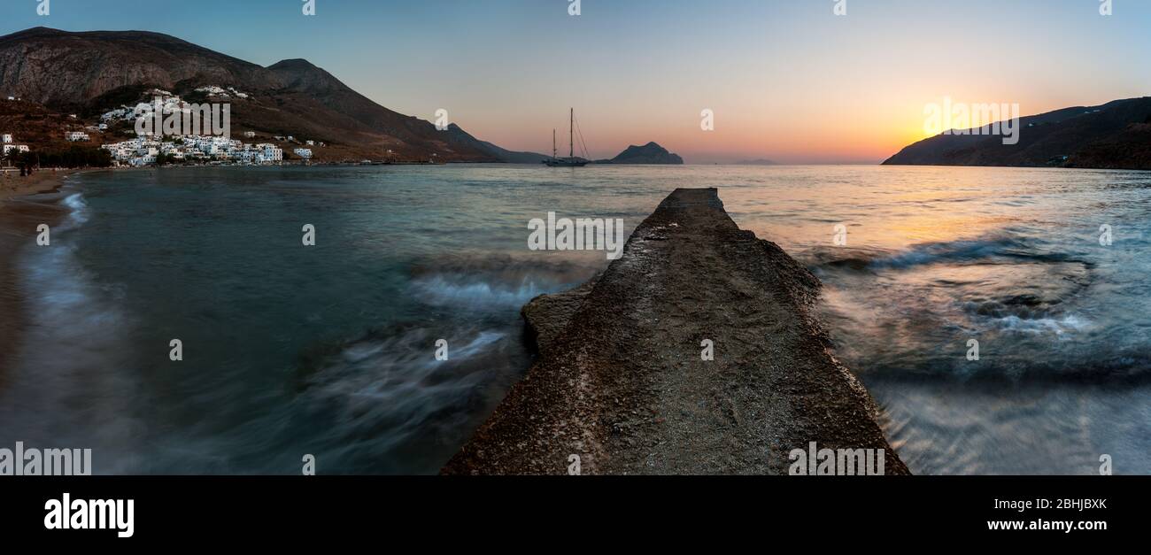 Aegiale beach at Sunset, Amorgos island, Amorgos, Nasso, Greece, Cyclades islands, Southern Europe Stock Photo