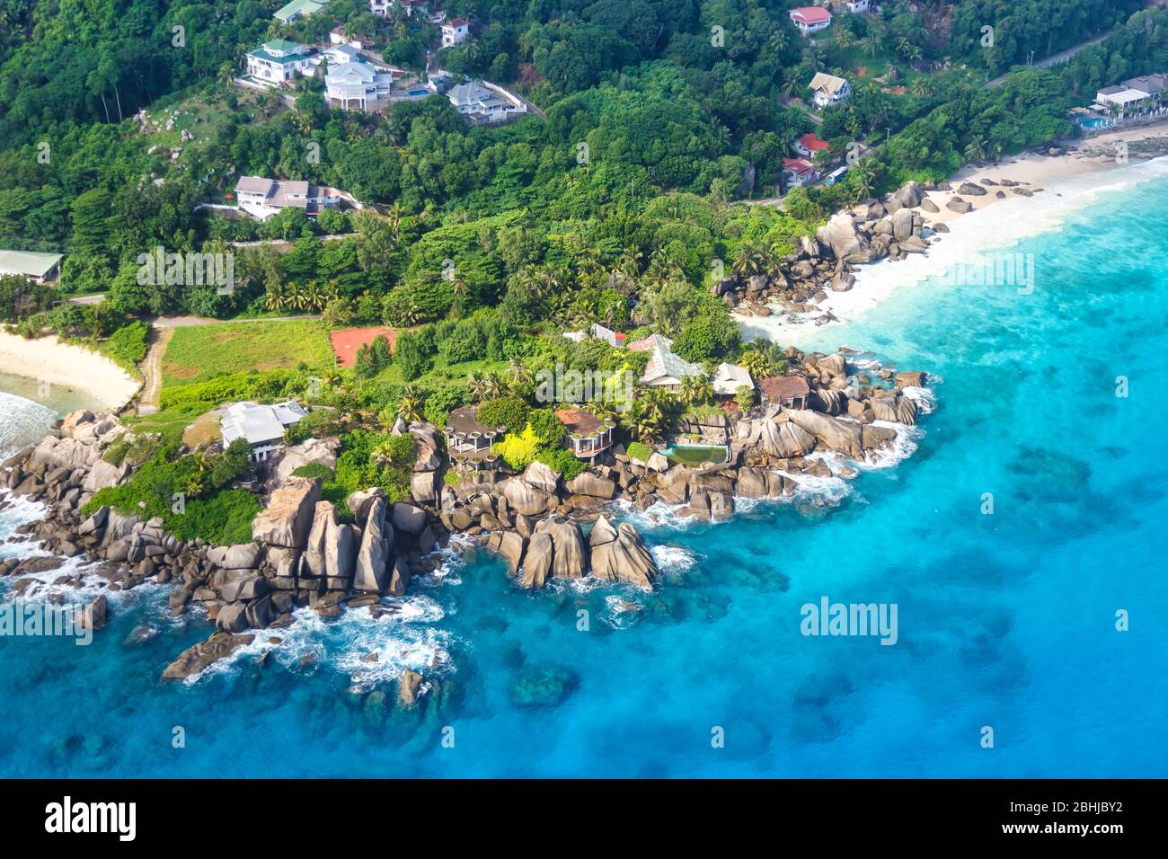 Seychelles landscape luxury villa beach Mahé Mahe vacation ocean aerial photo view travel Stock Photo