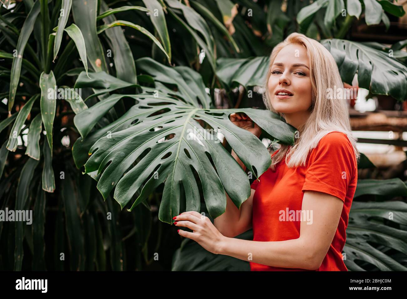 Profile portrait. Closeup of blonde haired beautiful caucasian girl posing before leaves of monstera in tropical forest. Attractive model with healthy Stock Photo