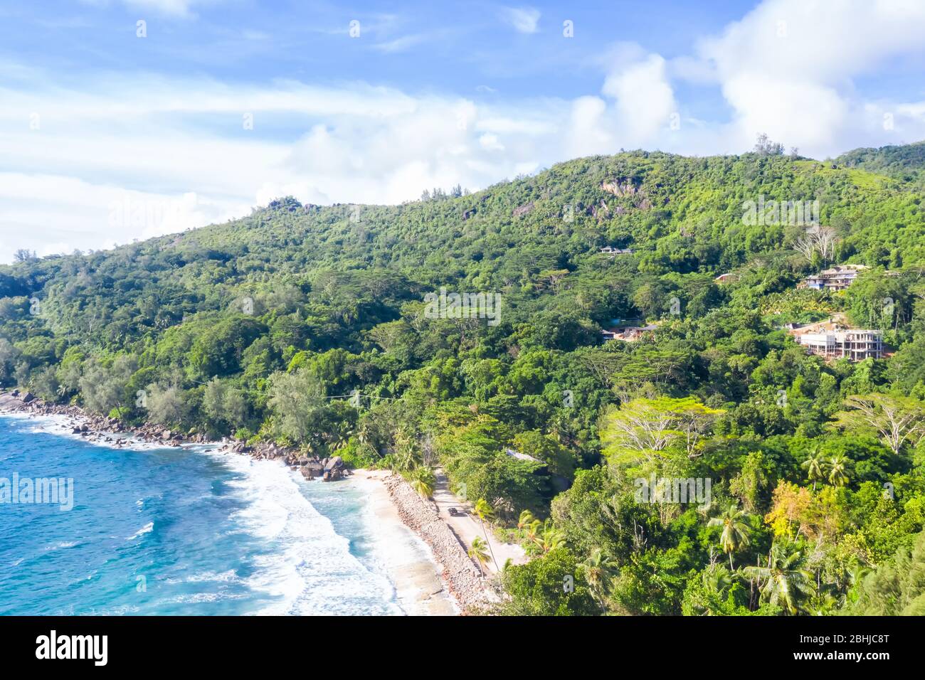 Seychelles Takamaka beach Mahe island landscape scenery vacation ocean drone view aerial photo relax Stock Photo