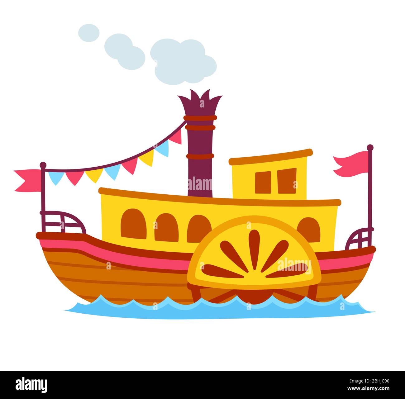 Bright cartoon retro steamboat with side paddle wheel. Old vintage ship vector illustration, cute and simple drawing. Stock Vector
