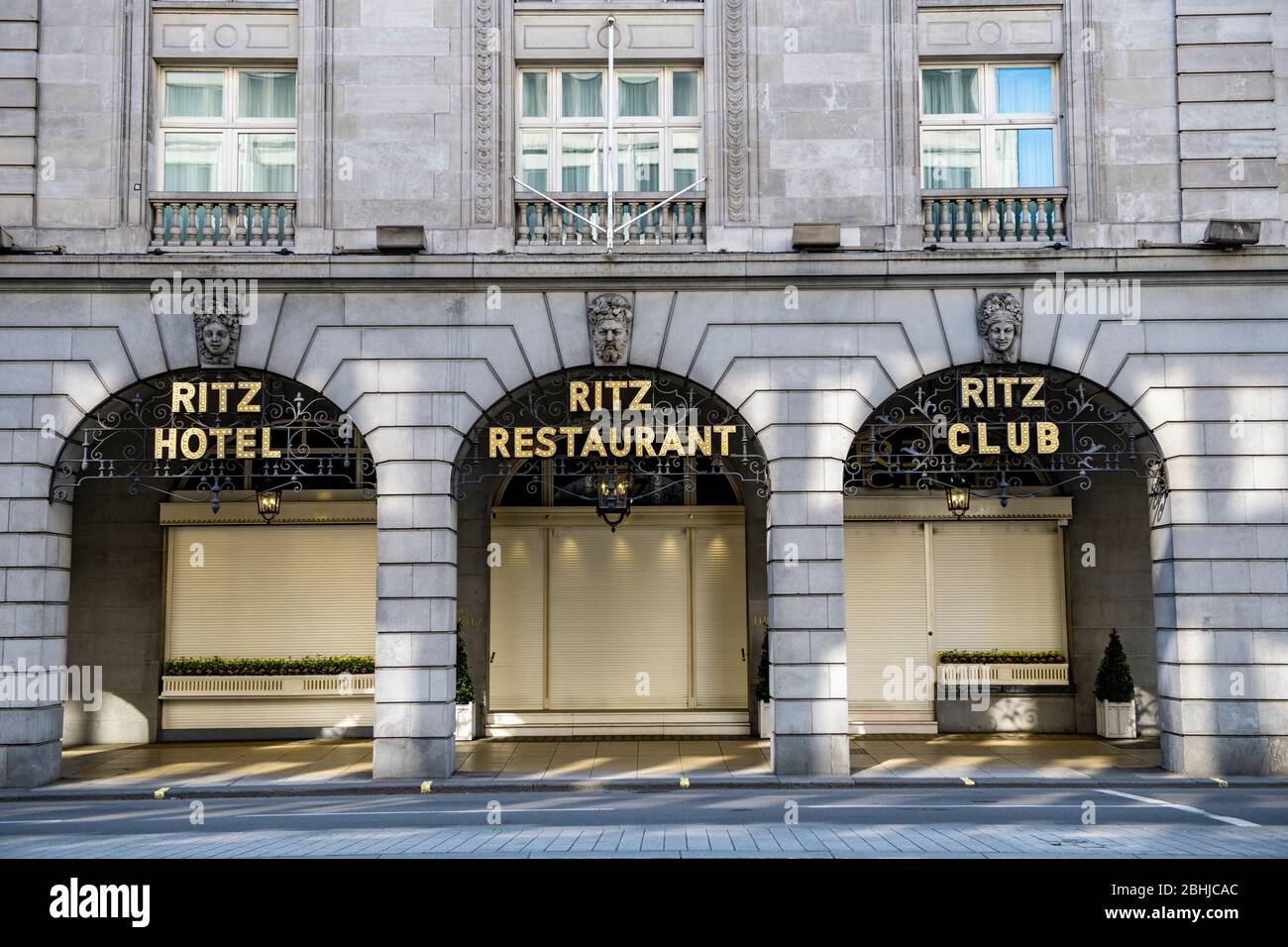 Shutters down on a closed Ritz Hotel during the Coronavirus lockdown of 2020 Stock Photo
