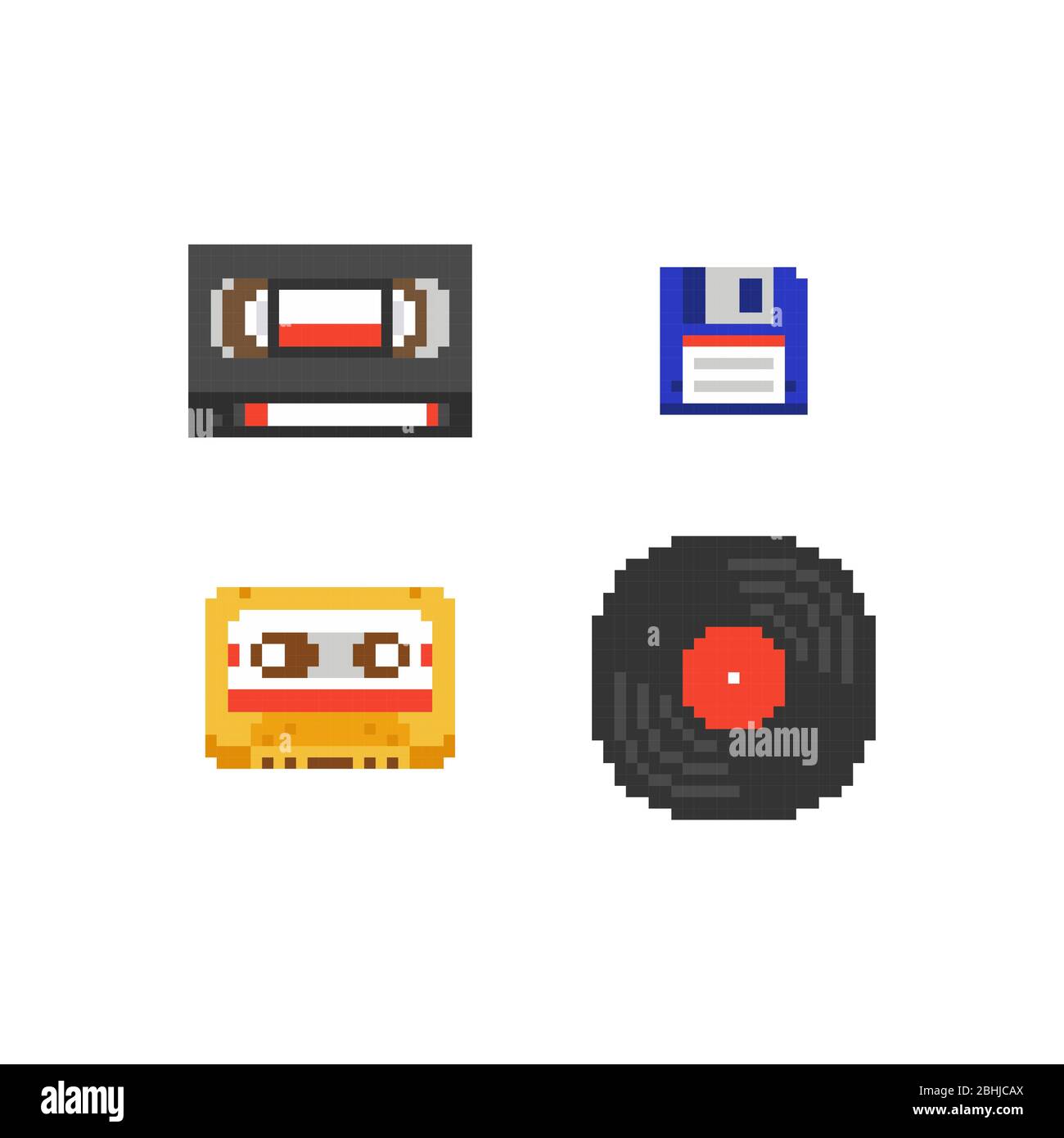 Pixel art vector illustration set - audio compact cassette, video tape cassette, floppy disk, vinyl gramophone record, isolated retro set Stock Vector