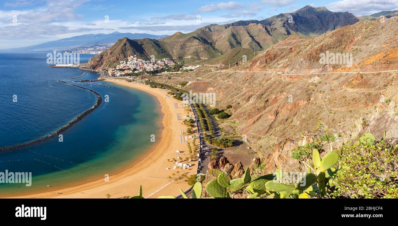 Tenerife beach Teresitas Canary islands sea water Spain panoramic view travel traveling Atlantic Ocean nature Stock Photo