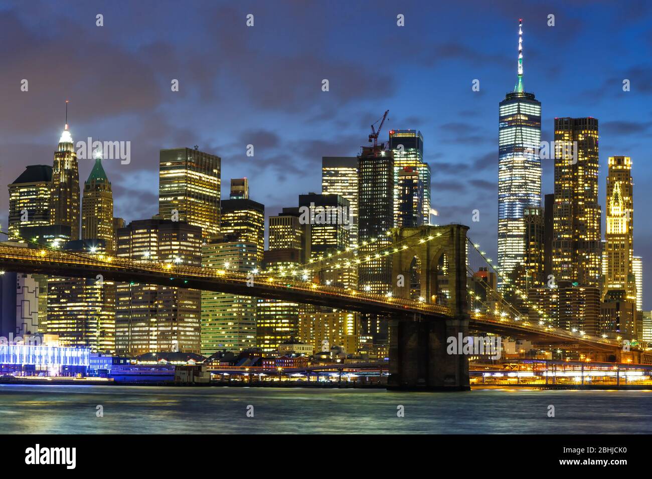 New York City skyline night Manhattan town Brooklyn Bridge World Trade Center WTC Stock Photo