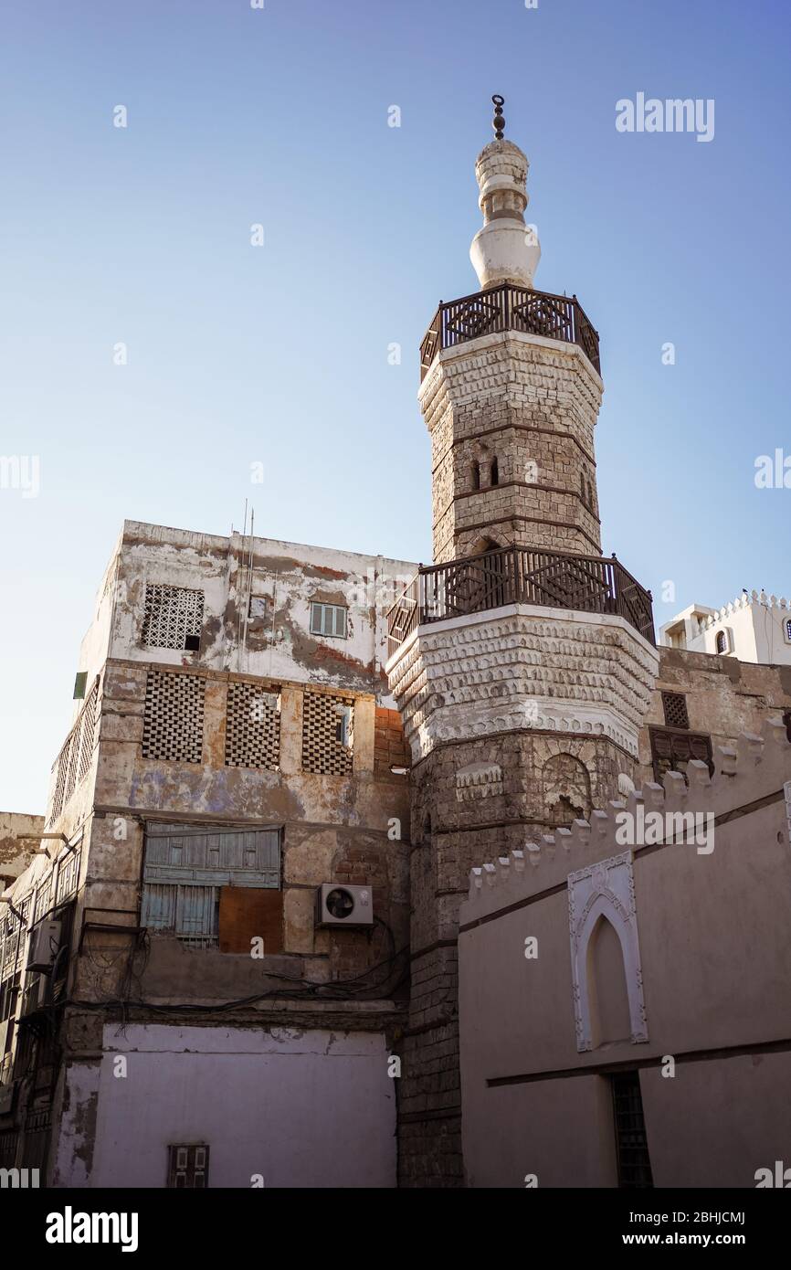 Jeddah / Saudi Arabia - January 16, 2020: old mosque with minaret in downtown Jeddah, Al-Balad unesco heritage Stock Photo