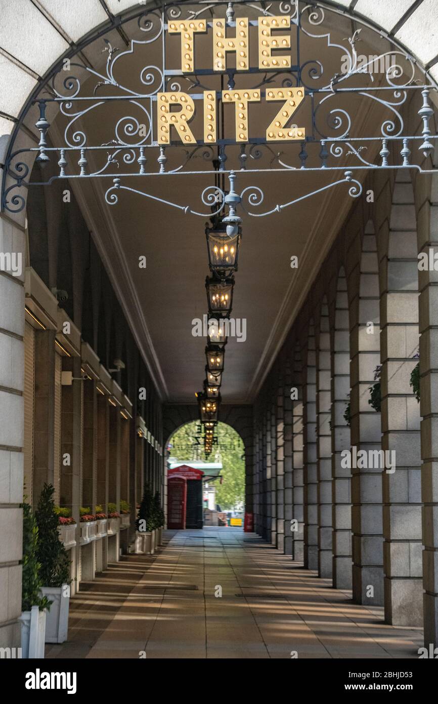 No people on Piccadilly.  For the first time since the second world war, The Ritz Hotel is closed during the Coronavirus outbreak in April 2020 Stock Photo