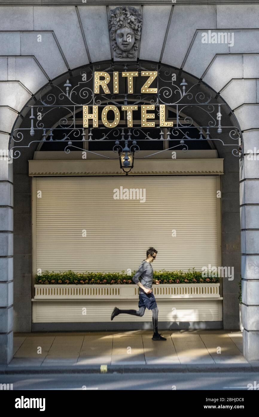 For the first time since the second world war, the Ritz Hotel is shuttered up and closed during the Coronavirus outbreak in April 2020 Stock Photo