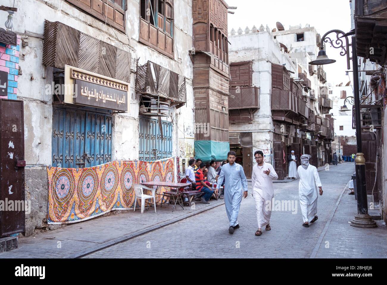 Jeddah / Saudi Arabia - January 16, 2020: Portrait of Muslim men wearing traditional Muslim clothes in historic Al-Balad Stock Photo