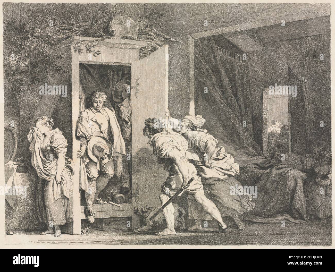The Cupboard 1778 Jean-Honoré Fragonard (French, 1732-1806) France, 18th century Etching. Fragonard designed this popular etching to delight his viewers, who spy on the dramatic scene like the eavesdropping servants in the background. A maiden weeps as her boyfriend, caught hiding in a wardrobe, sheepishly faces the girl’s angry parents. Rumpled bed sheets and the position of the hat give away the passionate activities of the young lovers. Comically, the hat with a broad ribbon held by the boy belongs to his girlfriend. His plain hat with a buttoned-up brim hangs in the cupboard. Stock Photo