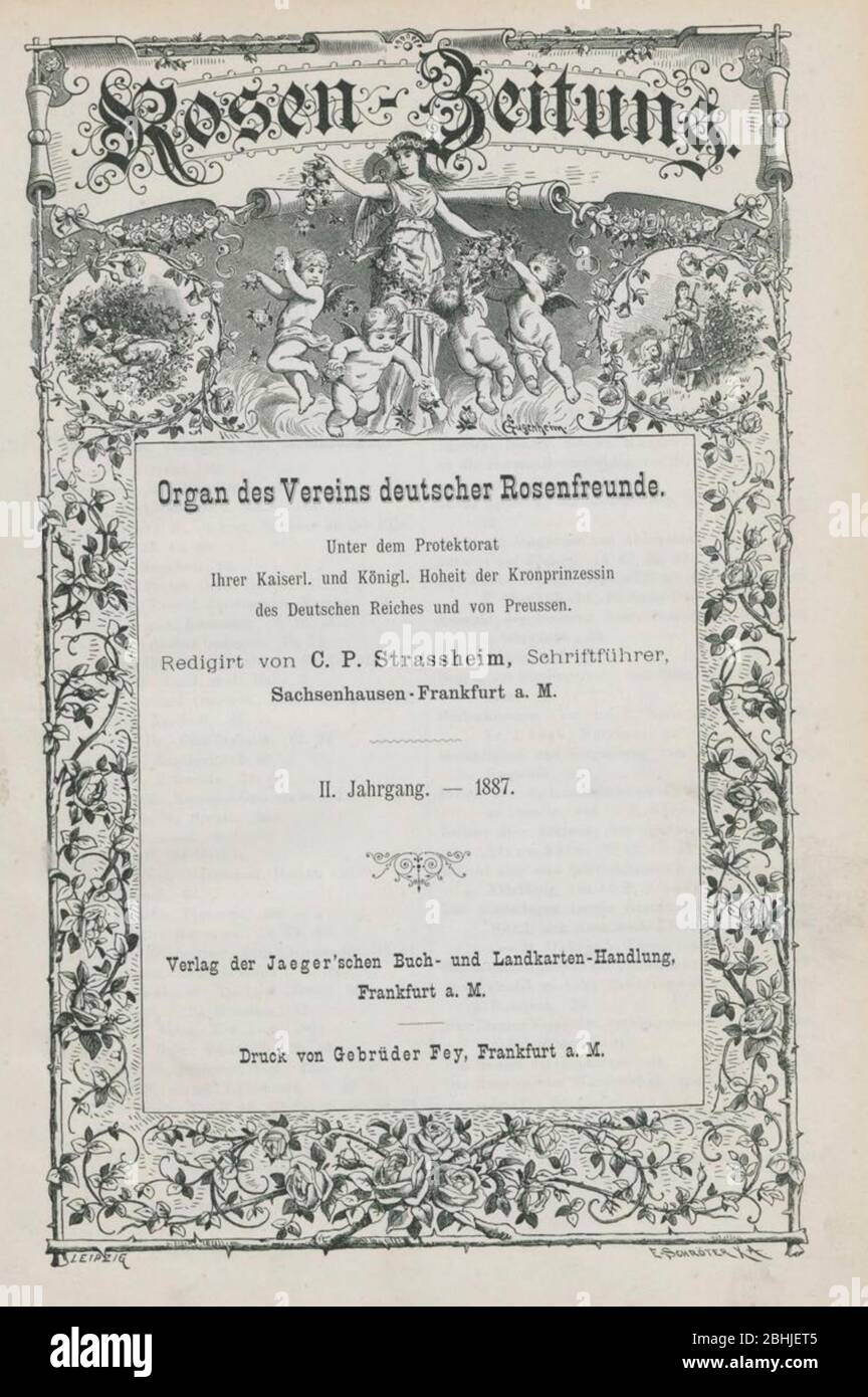 Title page Rosen-Zeitung, Organ des Vereins Deutscher Rosenfreunde, 1887 [Periodical of the German Rose Society (Vereins Deutscher Rosenfreunde)] by C. P. Strassheim Stock Photo
