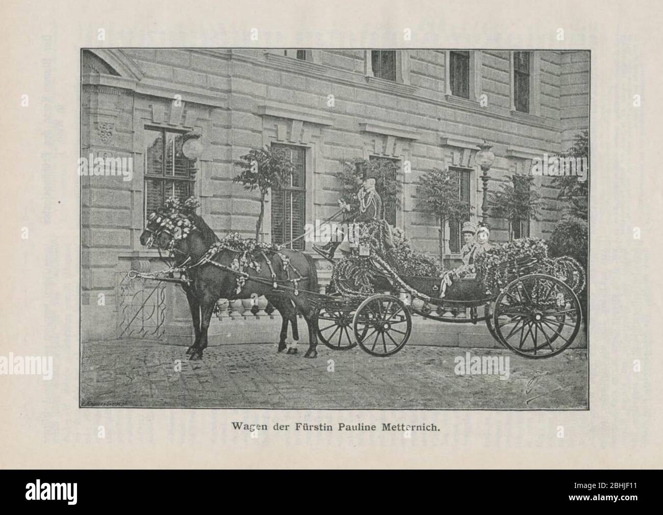 Wedding carriage covered in roses photographed in 1887 appeared in Rosen-Zeitung, Organ des Vereins Deutscher Rosenfreunde, 1887 [Periodical of the German Rose Society (Vereins Deutscher Rosenfreunde)] by C. P. Strassheim Stock Photo