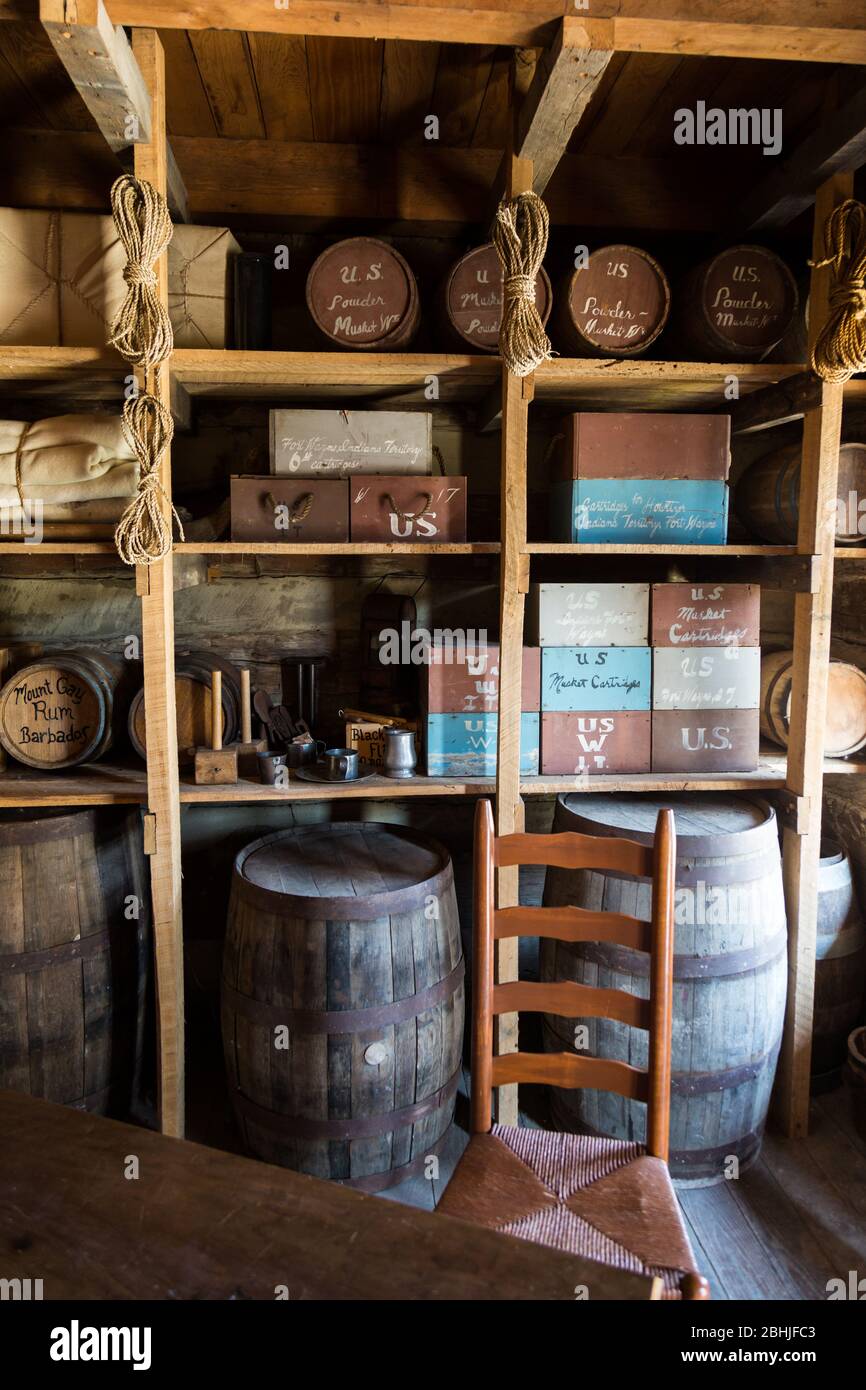 A store room at Historic Old Fort Wayne depicting the storage of alcohol and gunpowder. Stock Photo