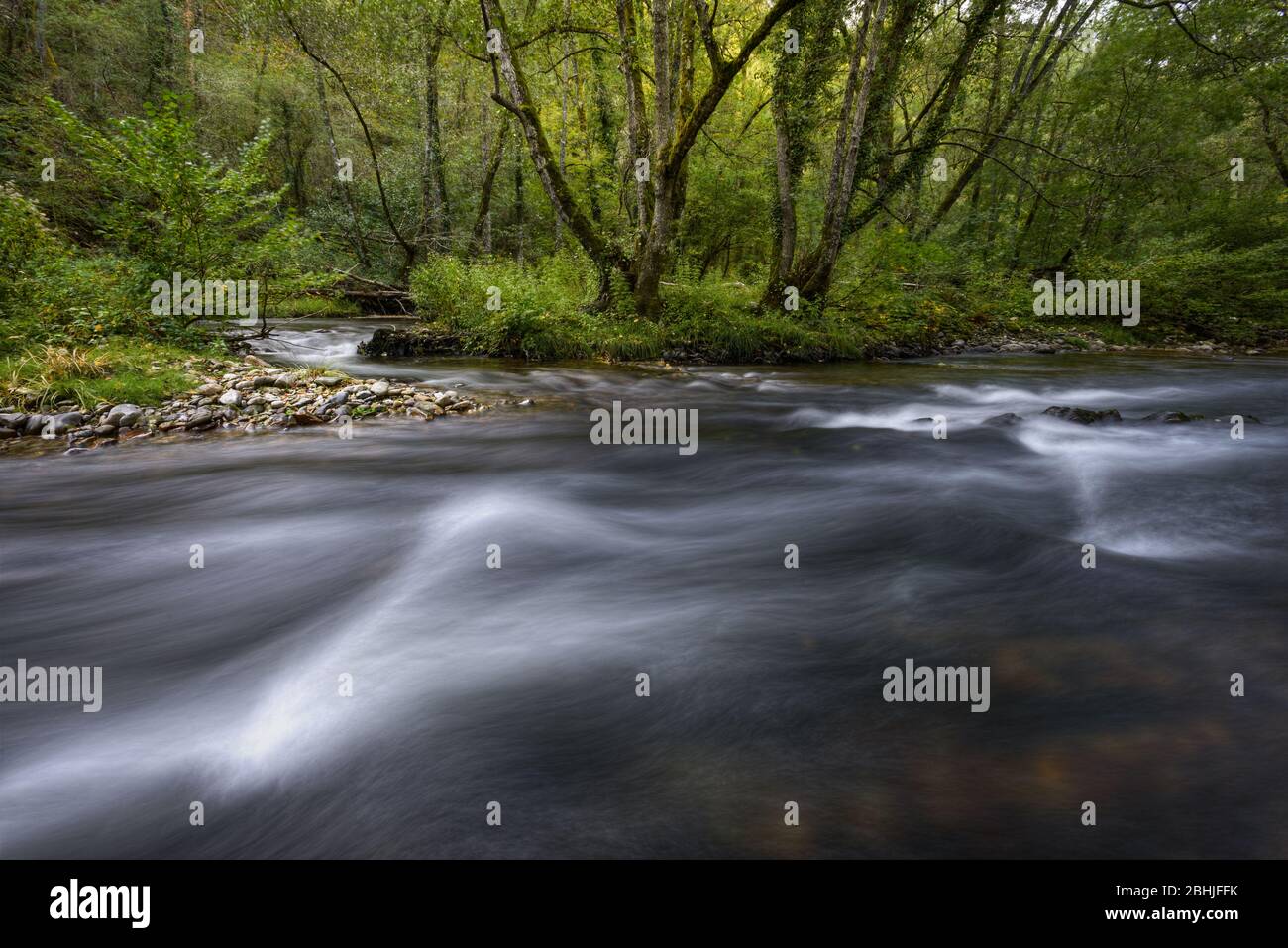 Wavy reflections in the Current of a River between deciduous forests in Navia de Suarna Stock Photo