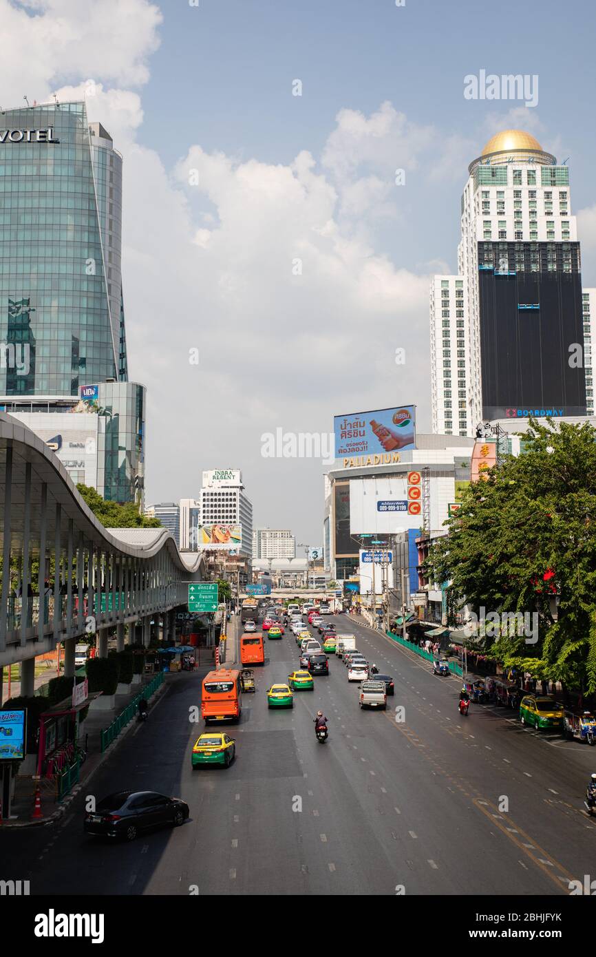 Bangkok, Thailand - February, 2020: View on busy Ratchadamri road from R-Walk (Ratchaprasong Walk) near Central World shopping center in day time Stock Photo
