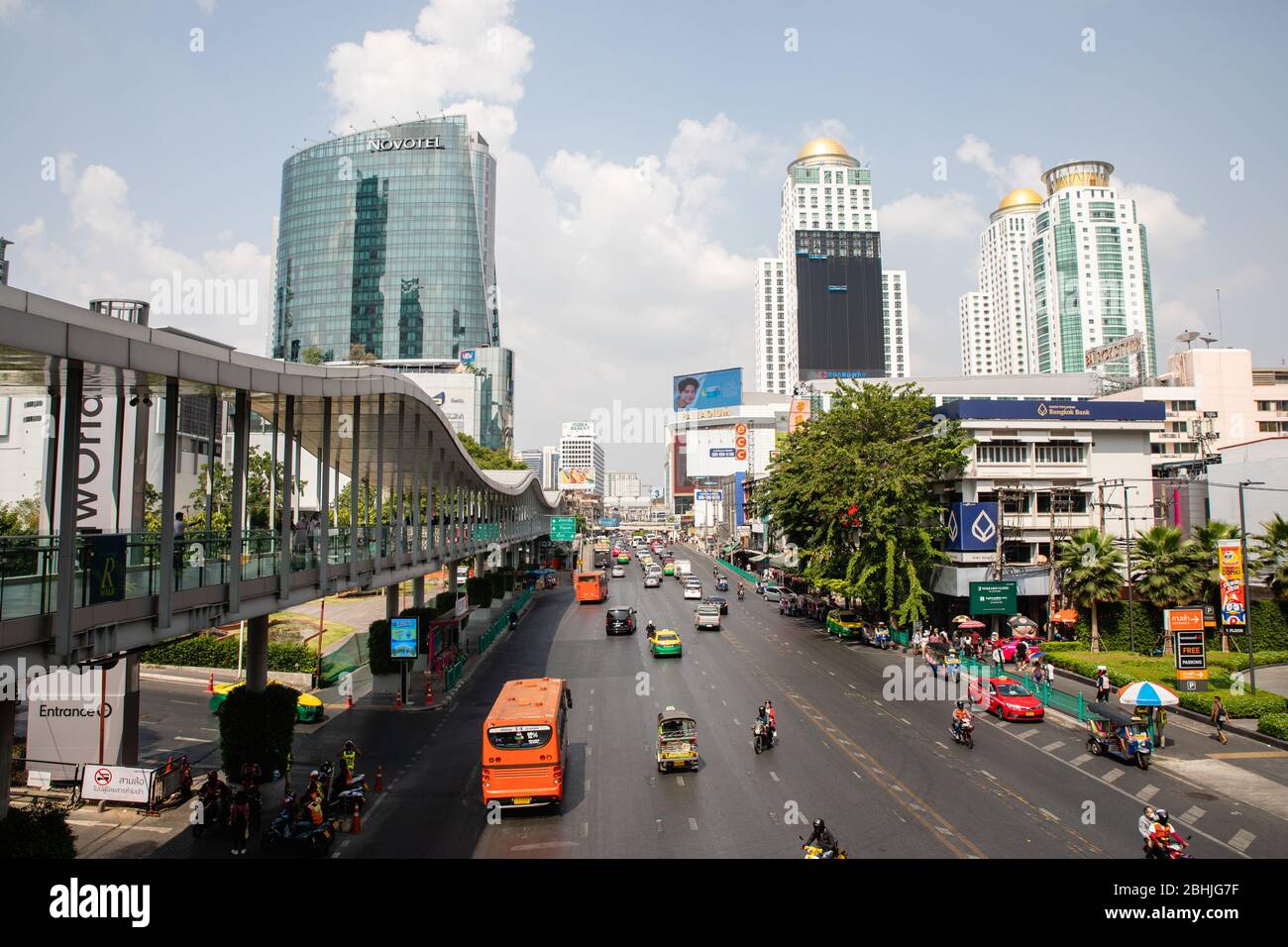 Bangkok, Thailand - February, 2020: View on busy Ratchadamri road from R-Walk (Ratchaprasong Walk) near Central World shopping center in day time Stock Photo