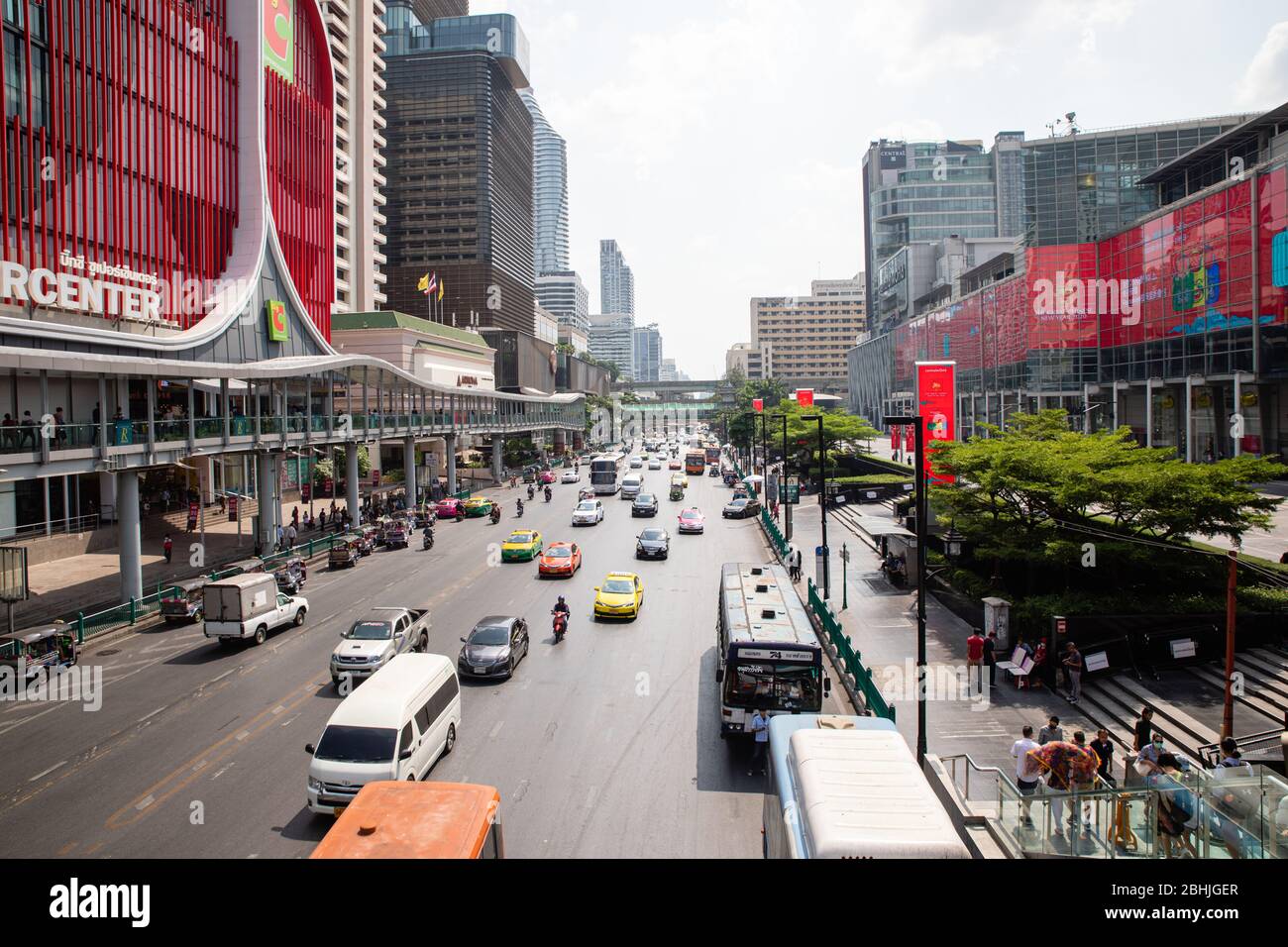 Bangkok, Thailand - February, 2020: View on busy Ratchadamri road from R-Walk (Ratchaprasong Walk) near Central World shopping center in day time Stock Photo