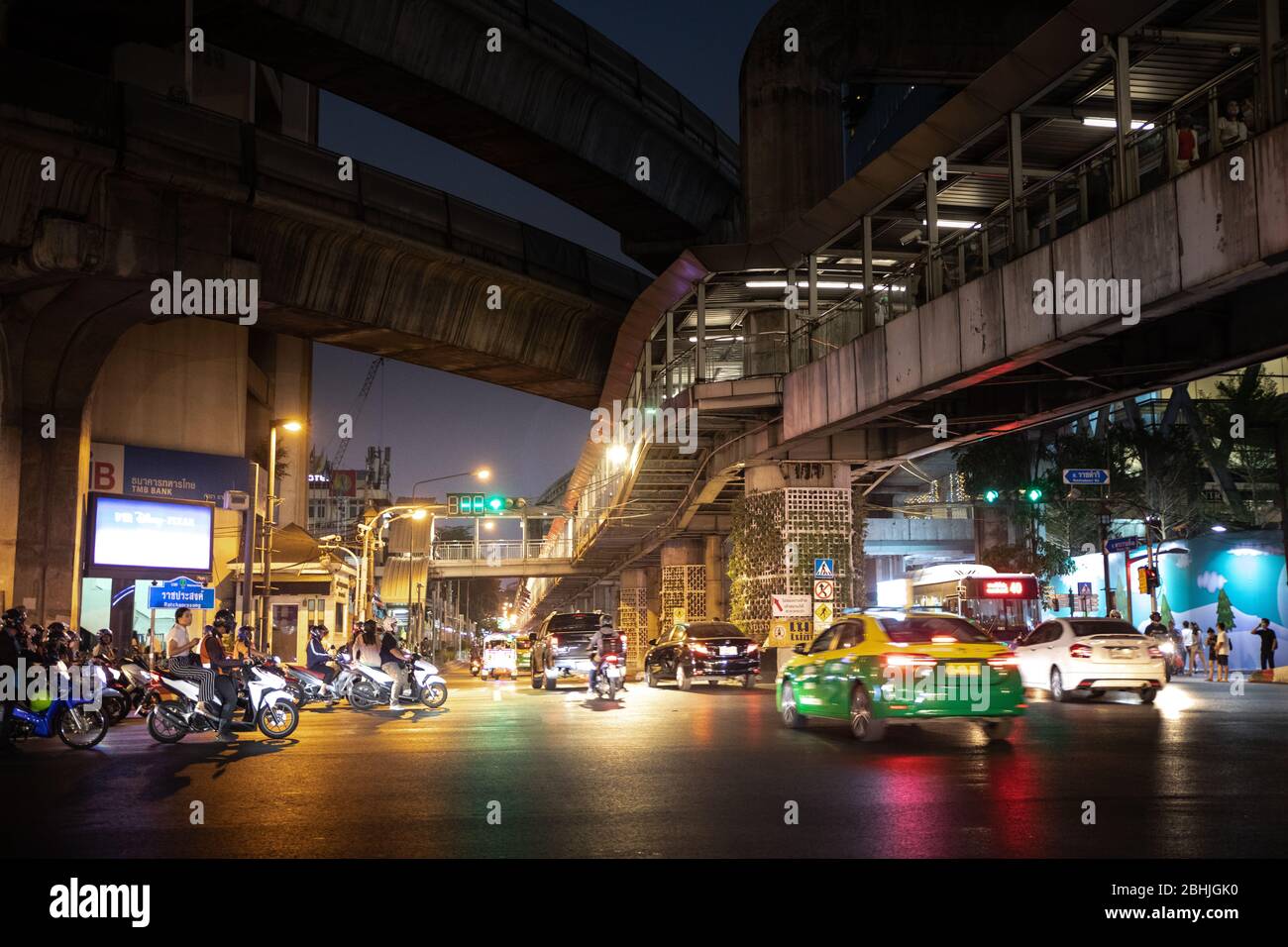 Bangkok, Thailand - February, 2020: View on busy Ratchadamri road in evening rush hour near Central World shopping center Stock Photo