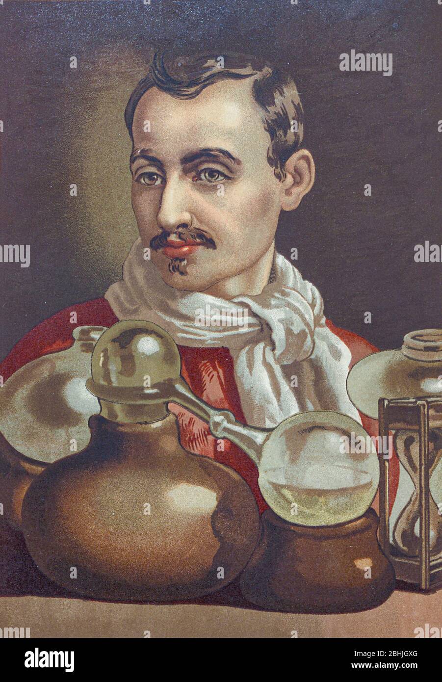 Jan Baptist van Helmont (12 January 1580 – 30 December 1644) was a chemist, physiologist, and physician from the Spanish Netherlands. He worked during the years just after Paracelsus and the rise of iatrochemistry, and is sometimes considered to be 'the founder of pneumatic chemistry'. Van Helmont is remembered today largely for his ideas on spontaneous generation, his 5-year willow tree experiment, and his introduction of the word 'gas' (from the Greek word chaos) into the vocabulary of science. From the book La ciencia y sus hombres : vidas de los sabios ilustres desde la antigüedad hasta el Stock Photo