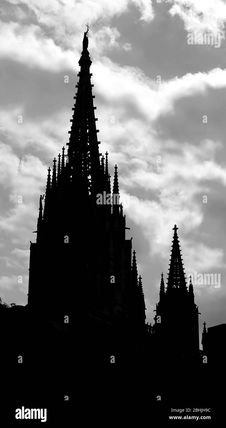 Silhouette of Barcelona Cathedral, Barcelona, Spain Stock Photo