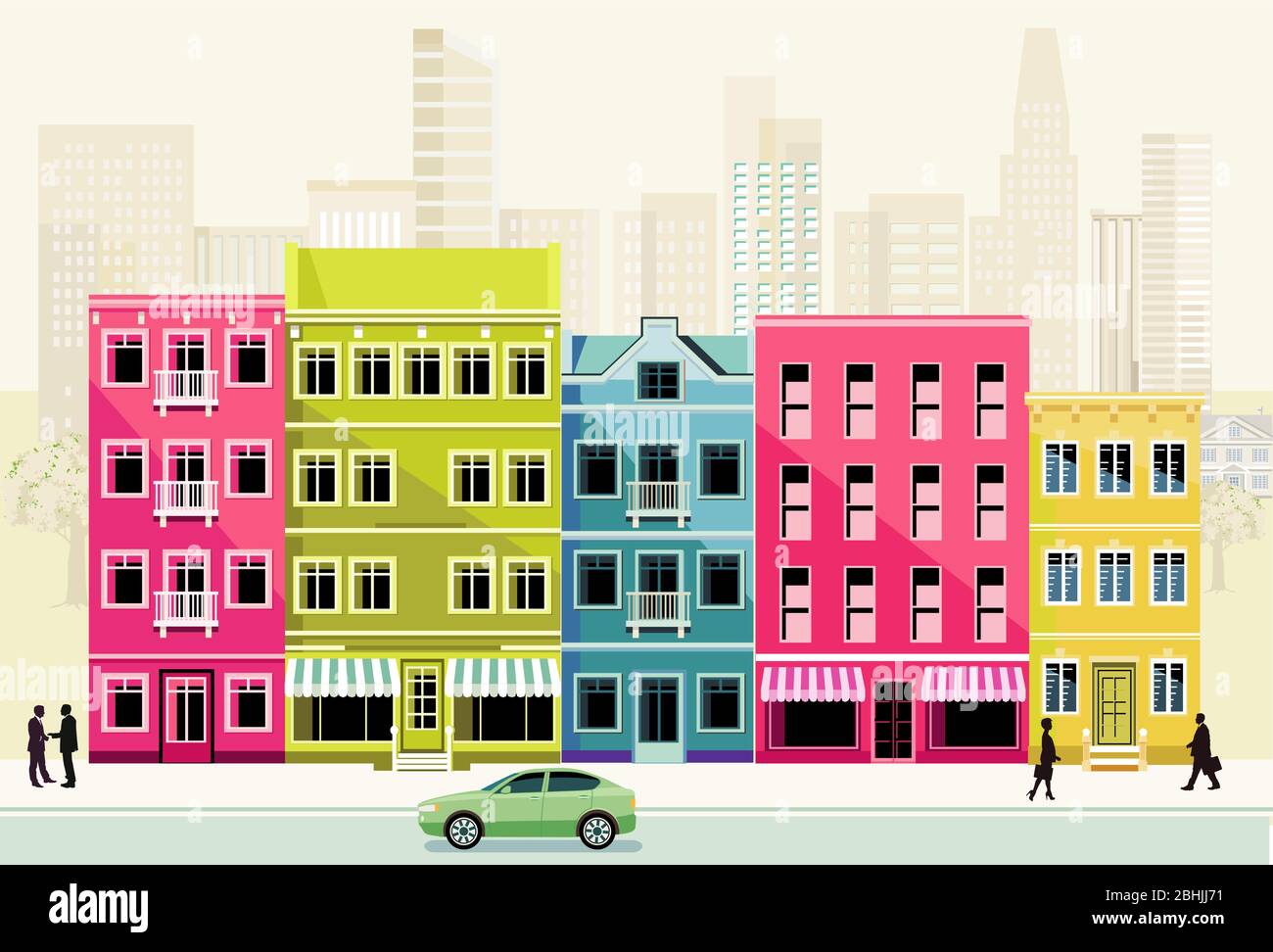 City with colorful houses and pedestrians Stock Vector