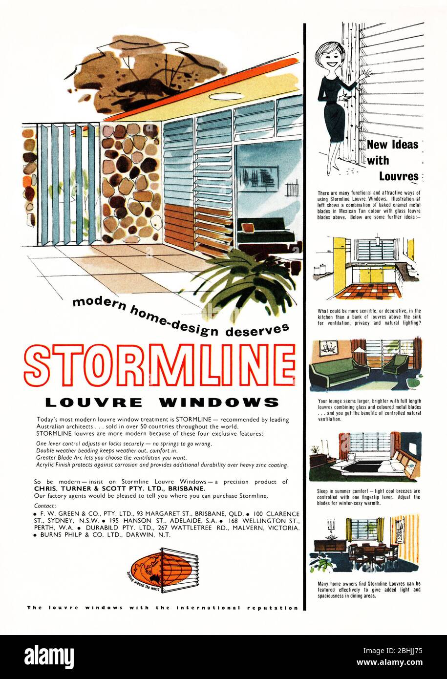 A 1960s advert for Stormline louvre windows – it appeared in an Australian magazine in 1962. The illustrations show the product used in various rooms and courtyard/patio of a modern house. A louver or louvre is window glass, a window blind or shutter with horizontal slats that are angled to admit light and air but to keep out rain and wind. The angle of the slats is usually adjustable. Stormline was made by Turner and Scott of Brisbane, Queensland. Stock Photo