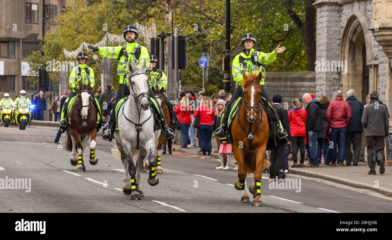 CARDIFF, WALES NOVEMBER 2018 Mounted police on escort duty riding in