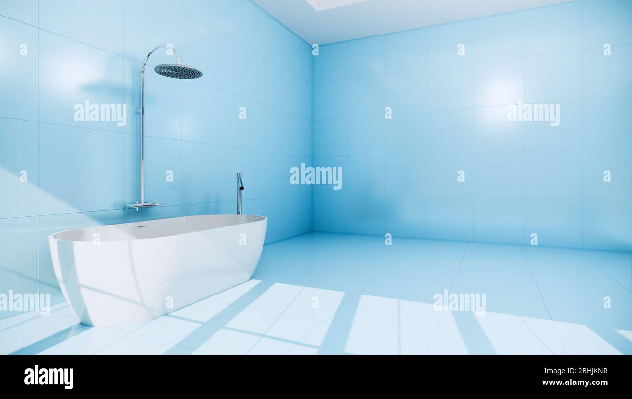 blue Zen design Bath room tiles wall and floor japanese style. 3D