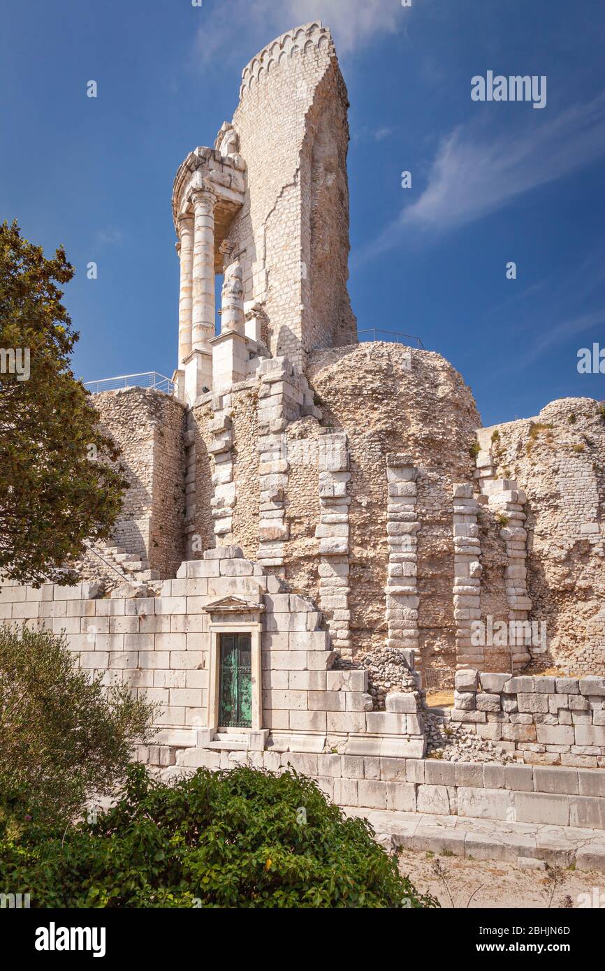 Gigantic stone trophy (Tropaeum Alpium) built by the Romans in 6 BC to commemorate their conquests in the Alps, La Turbie, Provence, France Stock Photo