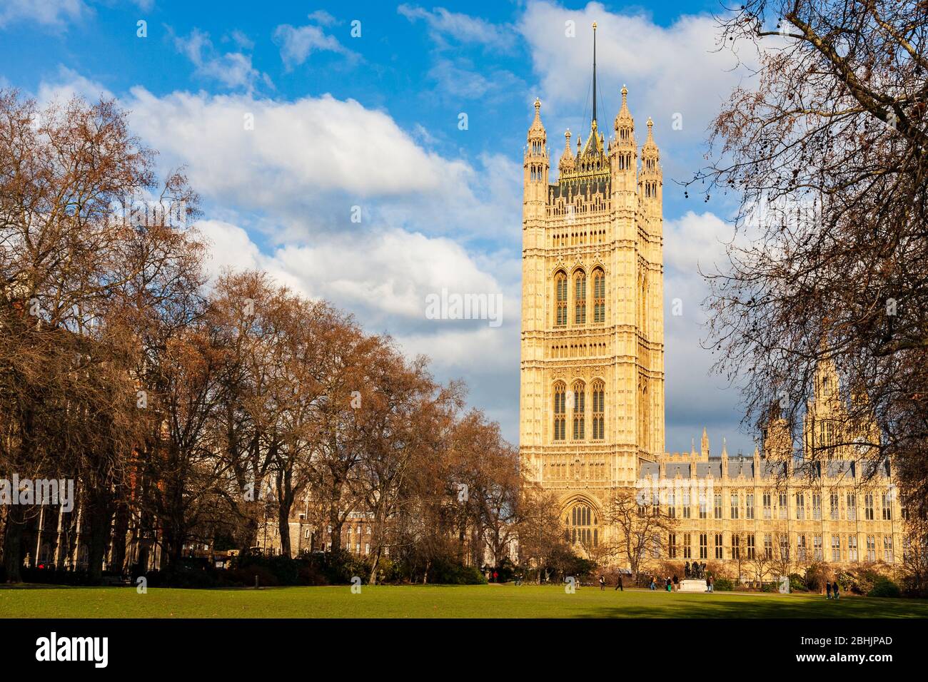 Victoria Tower by Charles Barry from the Victoria Tower gardens, Houses of Parliament, London Stock Photo