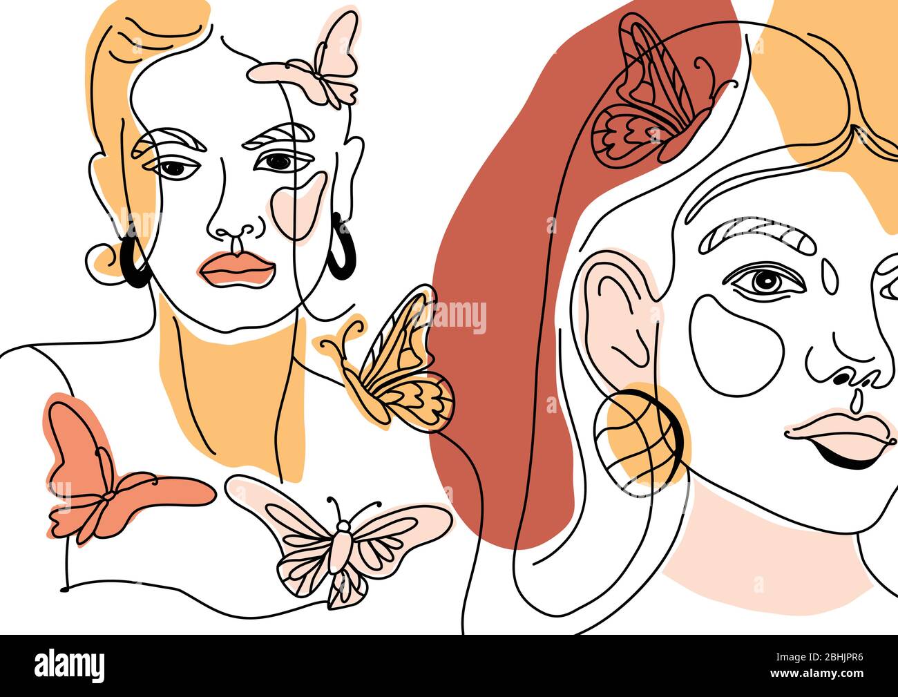 Set of Womans Face Minimal Line Style ol-line drawing. Abstract Contemporary color collage of geometric shapes in a modern trendy style. Vector female Stock Vector