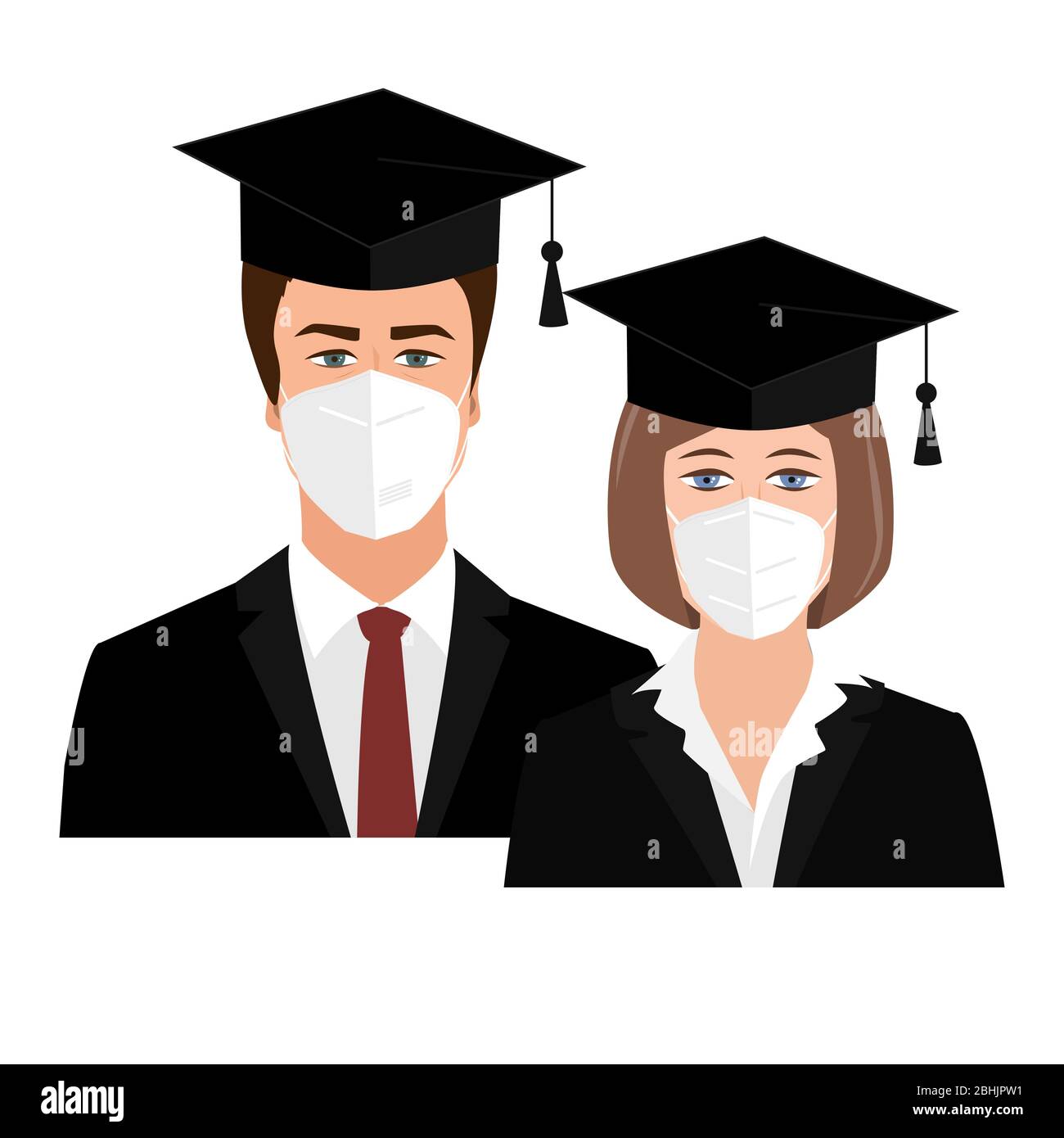 Cute university graduates in bonnets and medical masks. Quarantine 2020 graduation concept. Girl and guy graduates vector illustration Stock Vector
