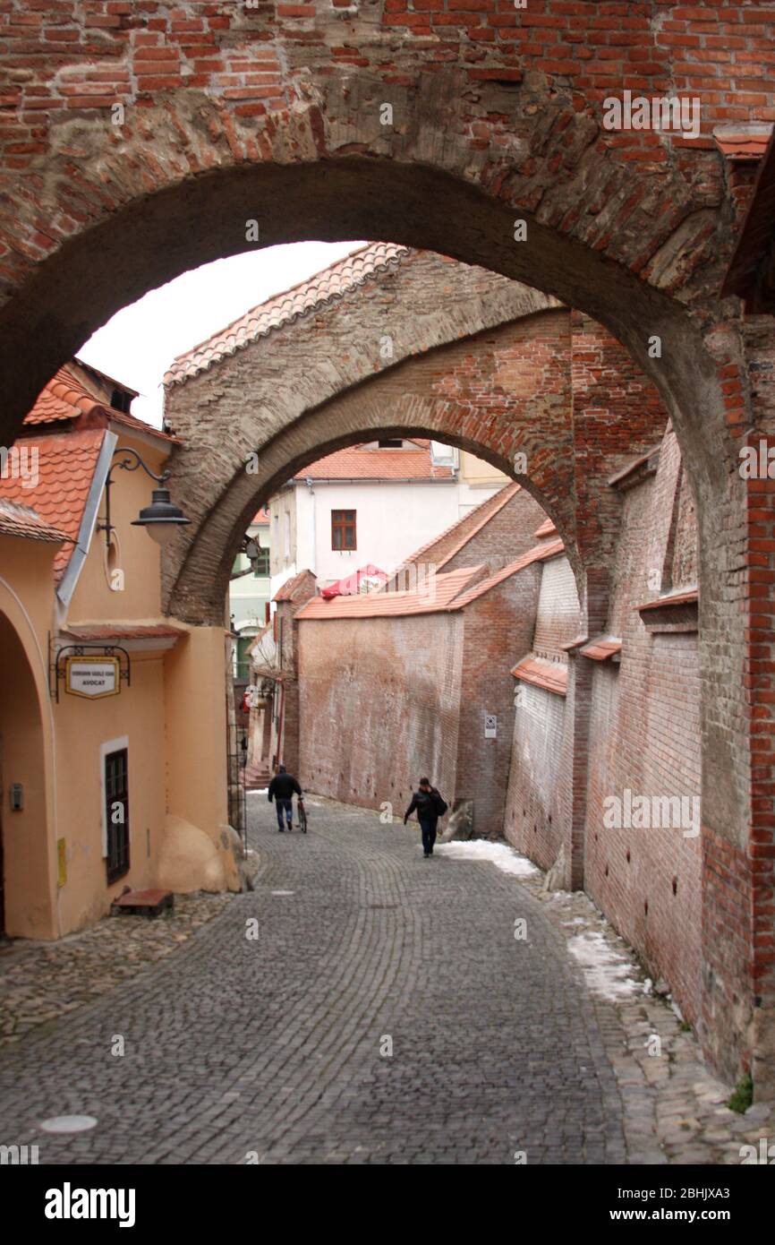 Sibiu, Romania. The Stairs Passage (Pasajul Scărilor), a 13th century architectural gem, connecting the Upper Town to the Lower Town. Stock Photo