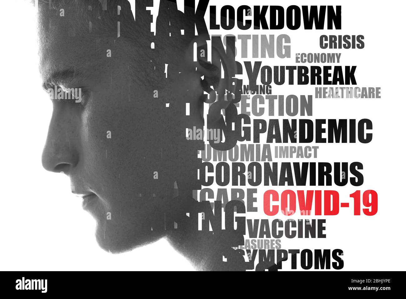 Coronavirus word cloud. Double exposure portrait. Stock Photo