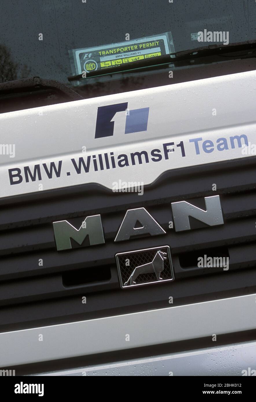 BMW Williams Formula 1 team MAN transporters driving to the 2002 Spanish GP at the Circuit de Catalunya Stock Photo