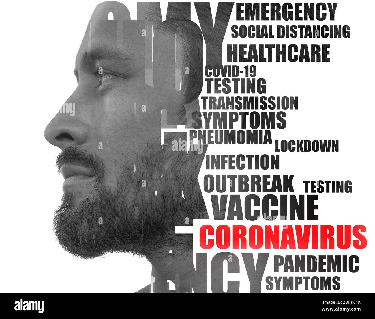 Coronavirus word cloud. Double exposure portrait. Stock Photo