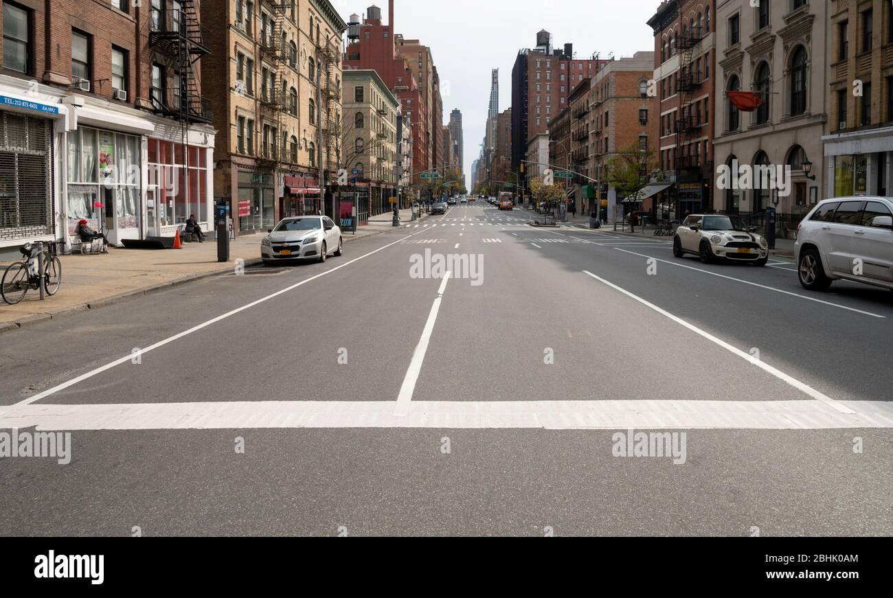 New York, NY, USA. April 19, 2020. The normally busy Amsterdam Avenue on the Upper West Side of Manhattan is empty of taffic during the Coronavirus pa Stock Photo