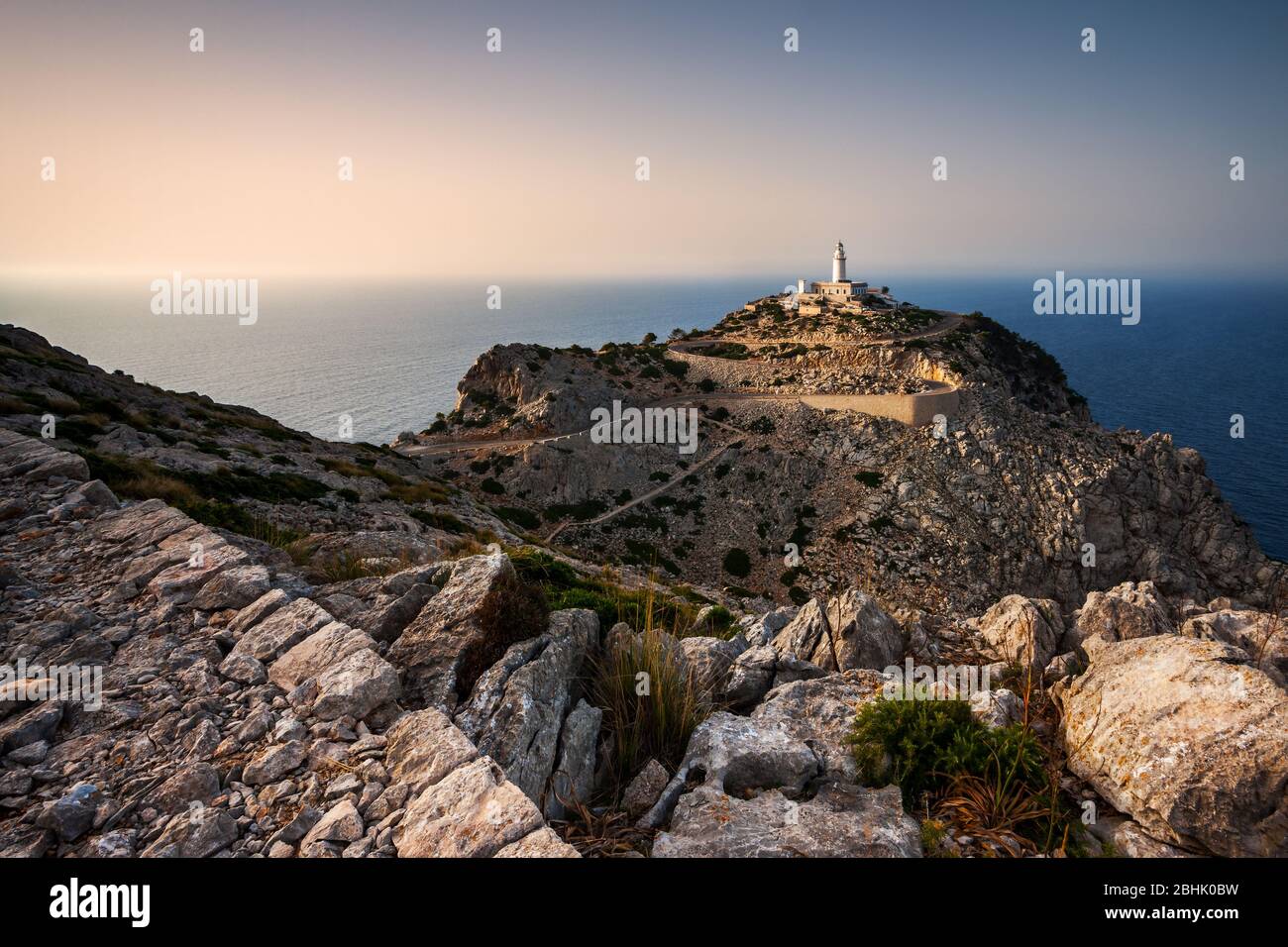Cap de Formentor lighthouse at sunset, Formentor, Sierra de Tramontana, Mallorca,  Balearic islands Spain, Western Europe Stock Photo