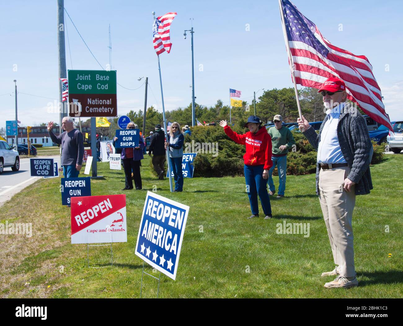 An 'open up' rally on Cape Cod, Massachusetts during the Covid 19 shutdown Stock Photo