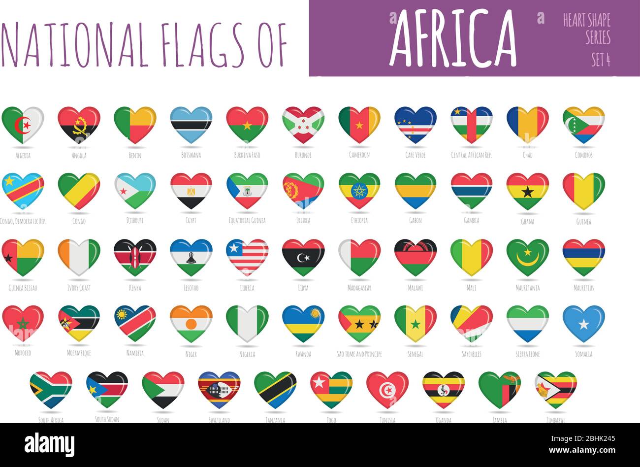 Set of 54 heart shaped flags of the countries of Africa. Icon set Vector Illustration. Stock Vector