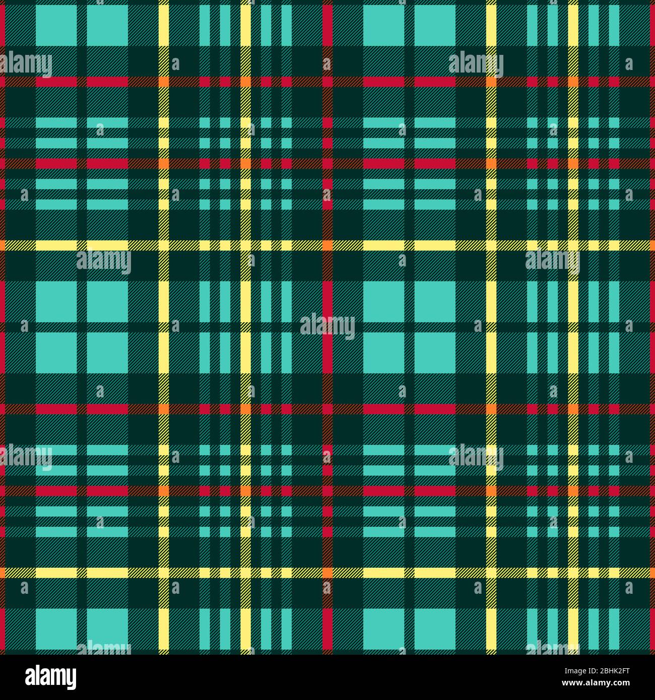Contrast tartan Scottish seamless pattern mainly in turquoise with red and yellow lines, texture for tartan, plaid, tablecloths, clothes, bedding, bla Stock Vector