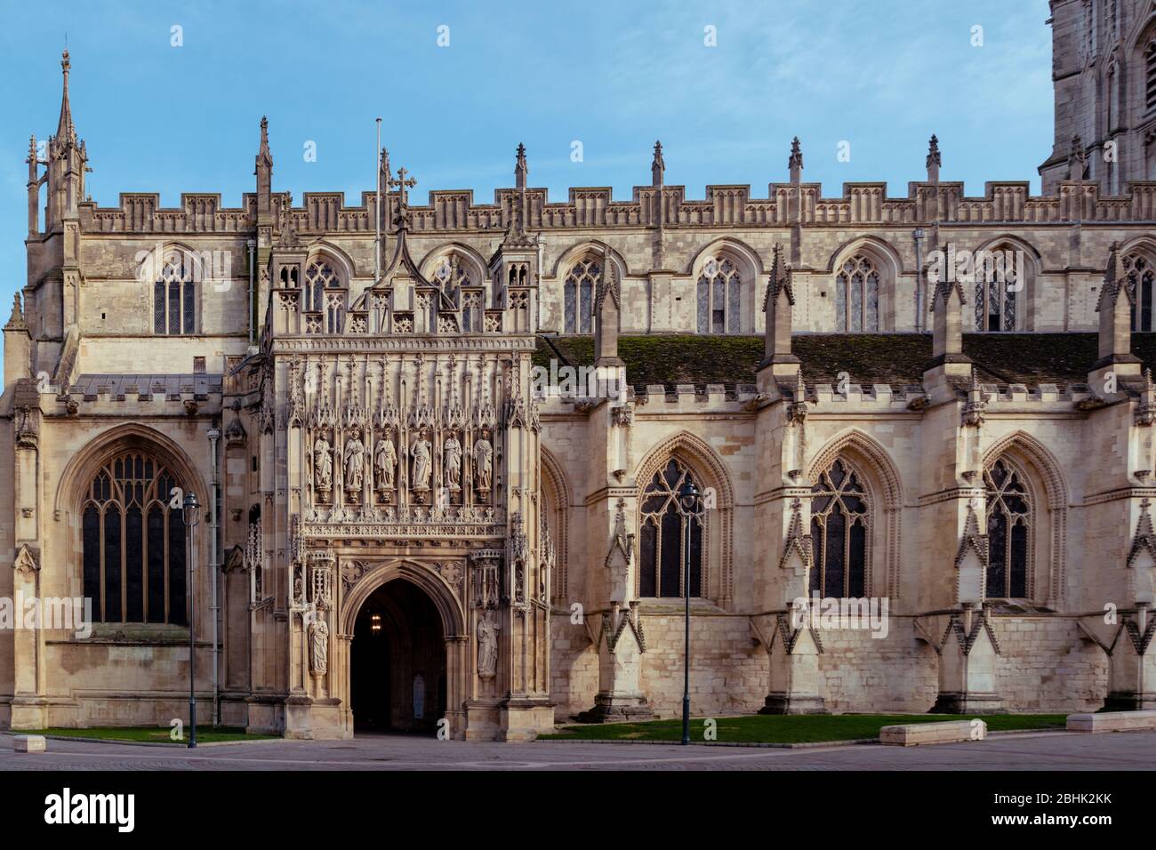 Gloucester Cathdral showing the south porch (perpendicular gothic style) and nave from the outside Stock Photo