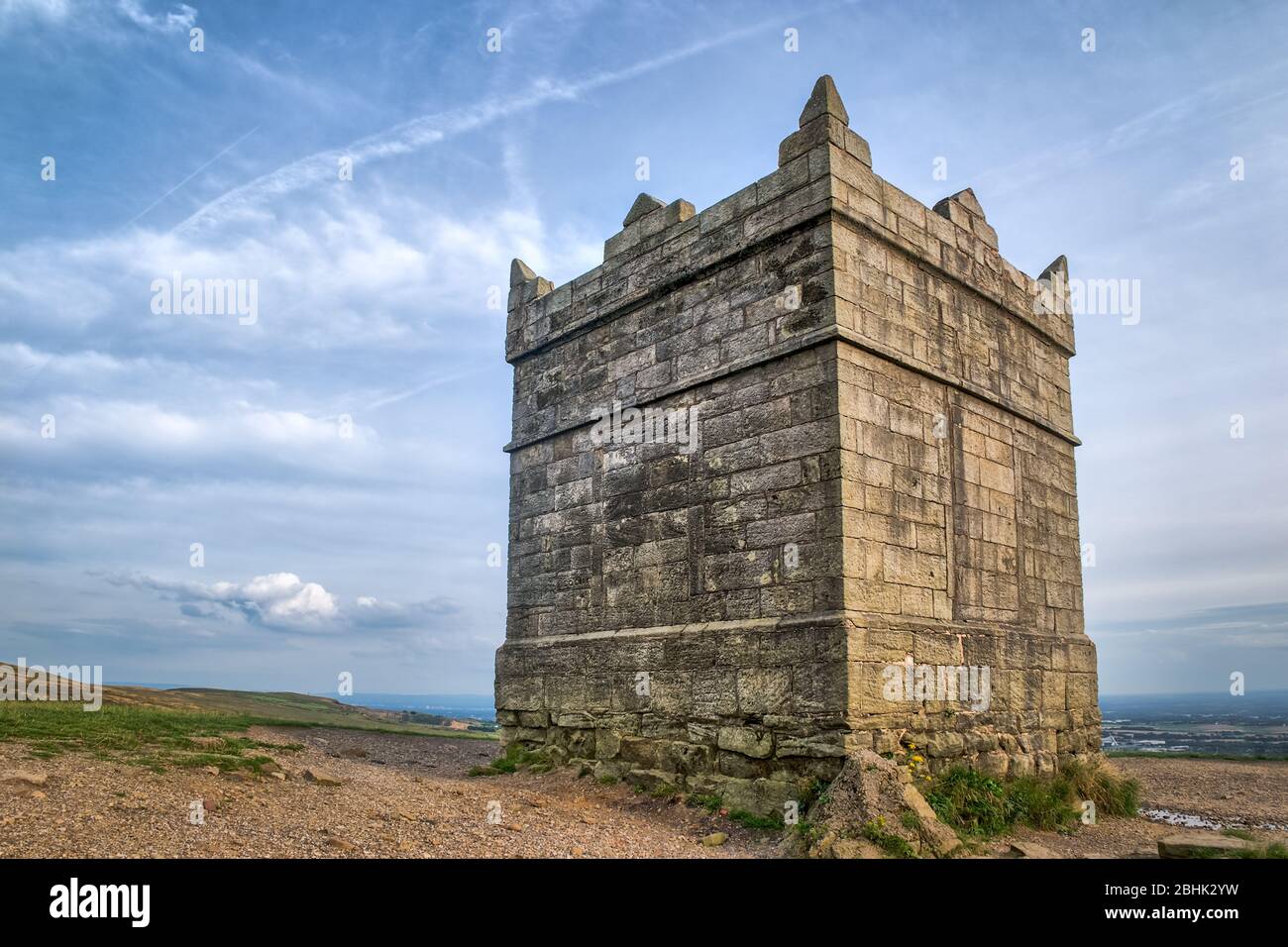 The Rivington Pike Tower stone listed building at the hill summit Stock Photo