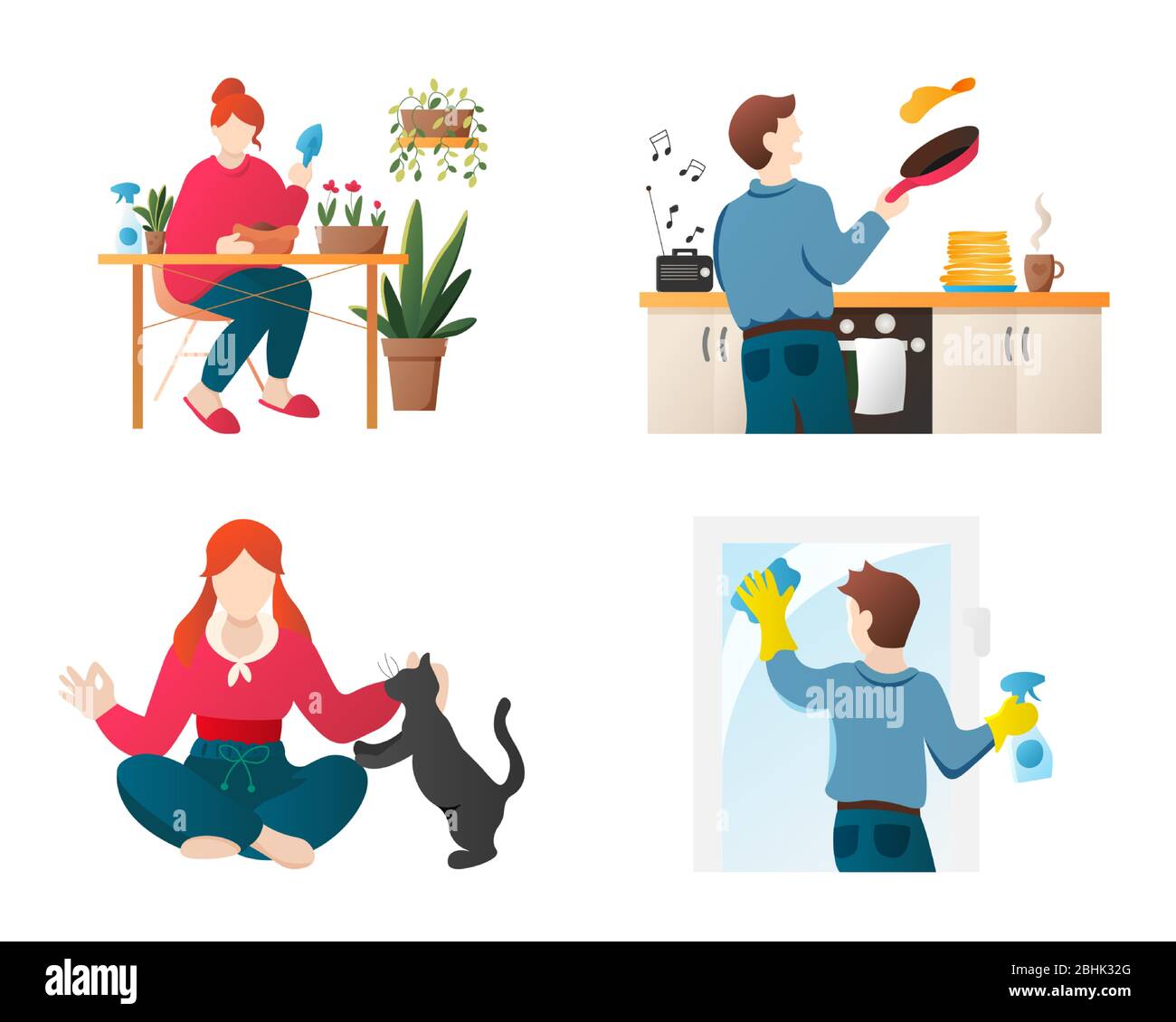 Stay home hobbies vector people cartoon characters set. People engaged in different activities isolated on white. Quarantine pastimes vector Stock Vector